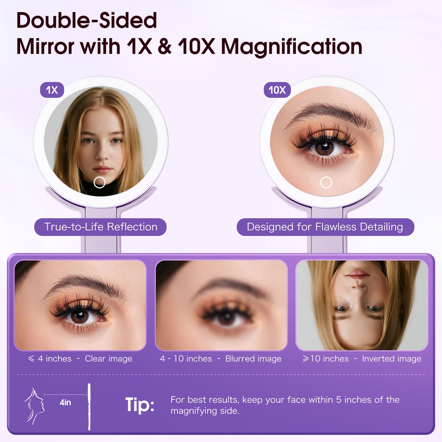 Dual-Sided LED Makeup Mirror – 10X Magnification, 3 Light Modes, Travel-Friendly Design