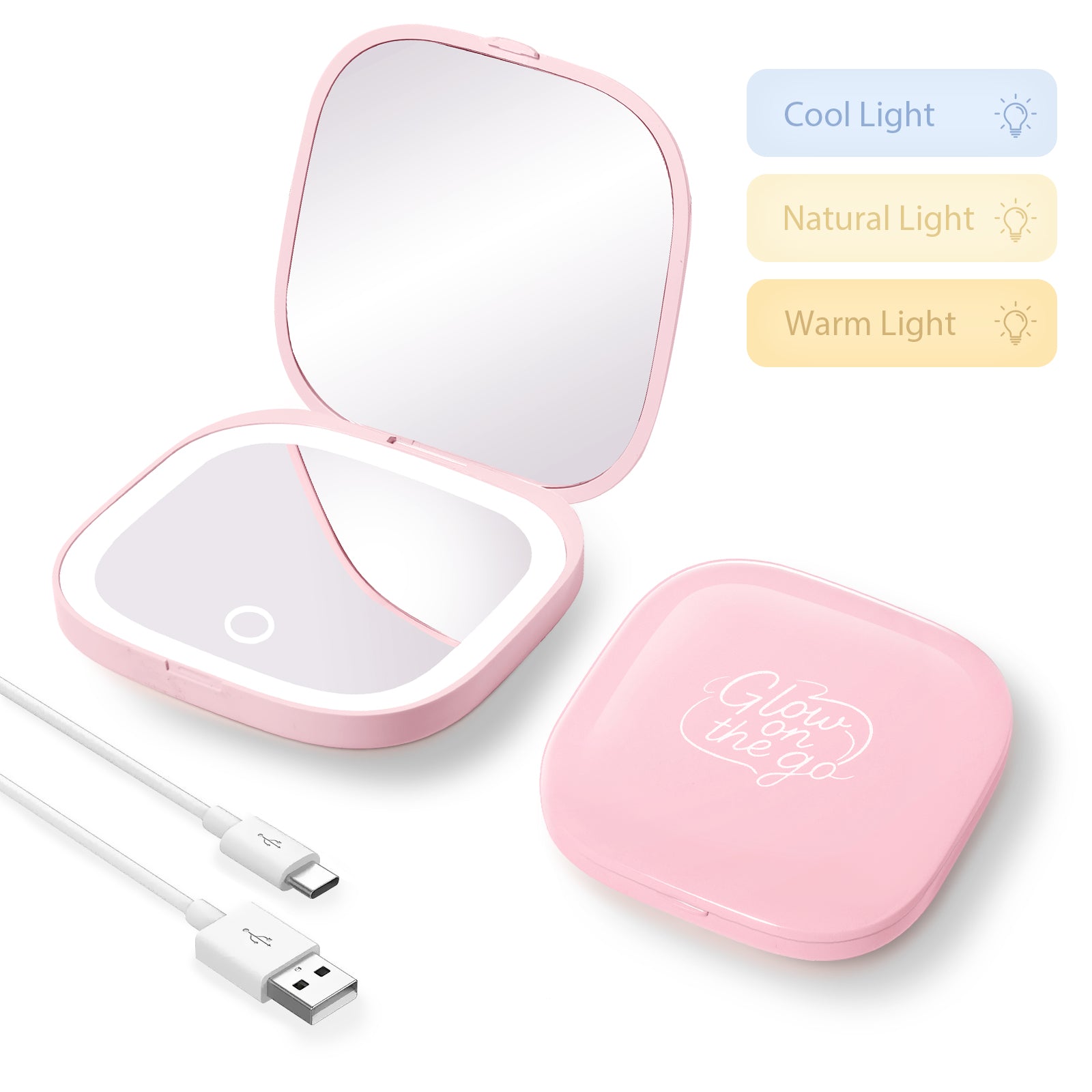 GLOW ON THE GO Compact Makeup Mirror Double-sided 1x/3x Magnification.