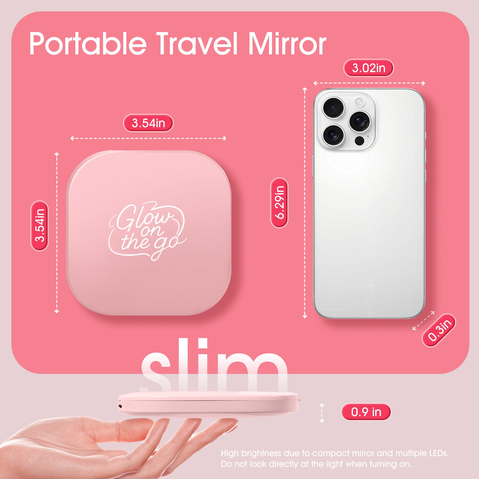 GLOW ON THE GO Compact Makeup Mirror Double-sided 1x/3x Magnification.
