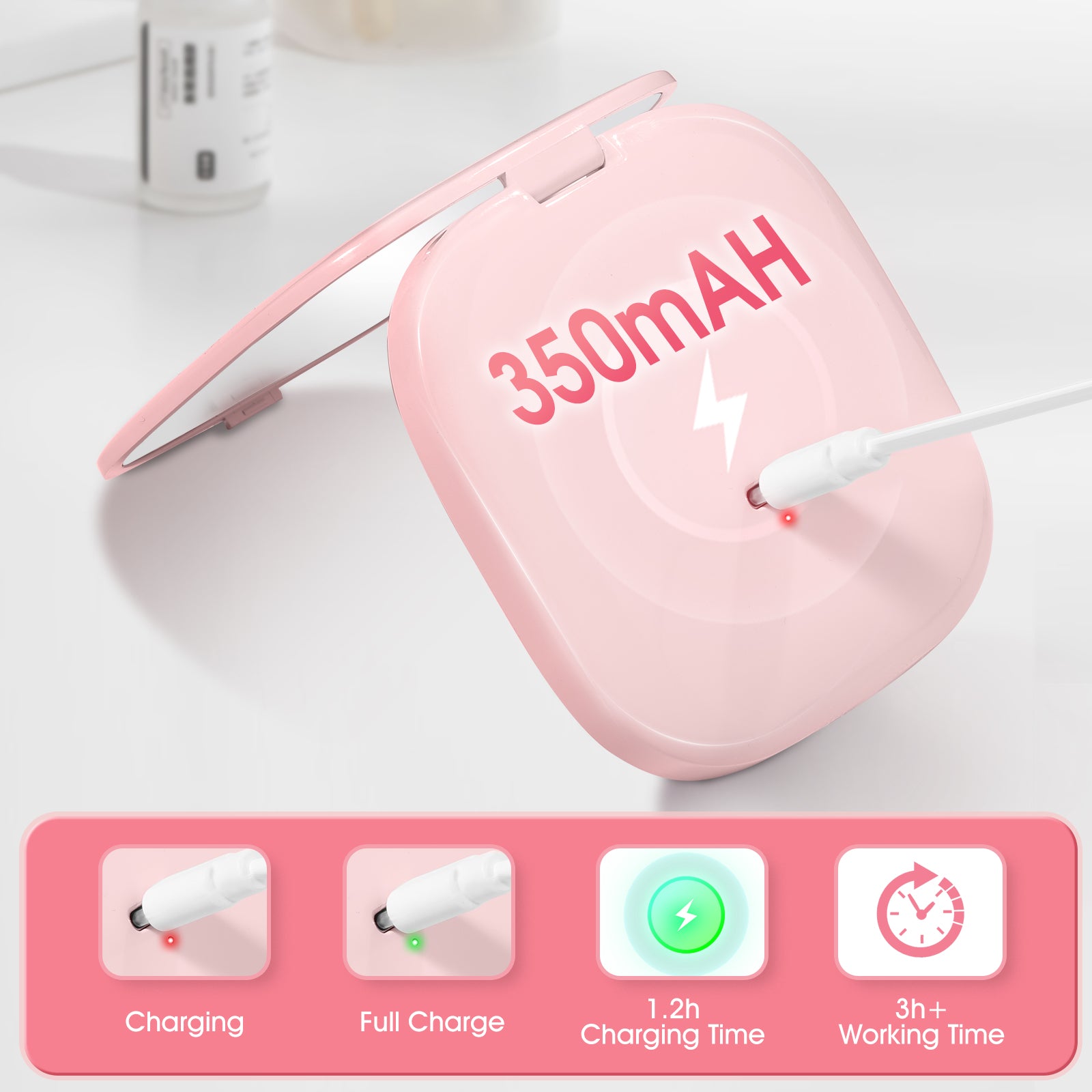 GLOW ON THE GO Compact Makeup Mirror Double-sided 1x/3x Magnification.