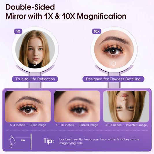 Dual-Sided LED Makeup Mirror – 10X Magnification, 3 Light Modes, Travel-Friendly Design