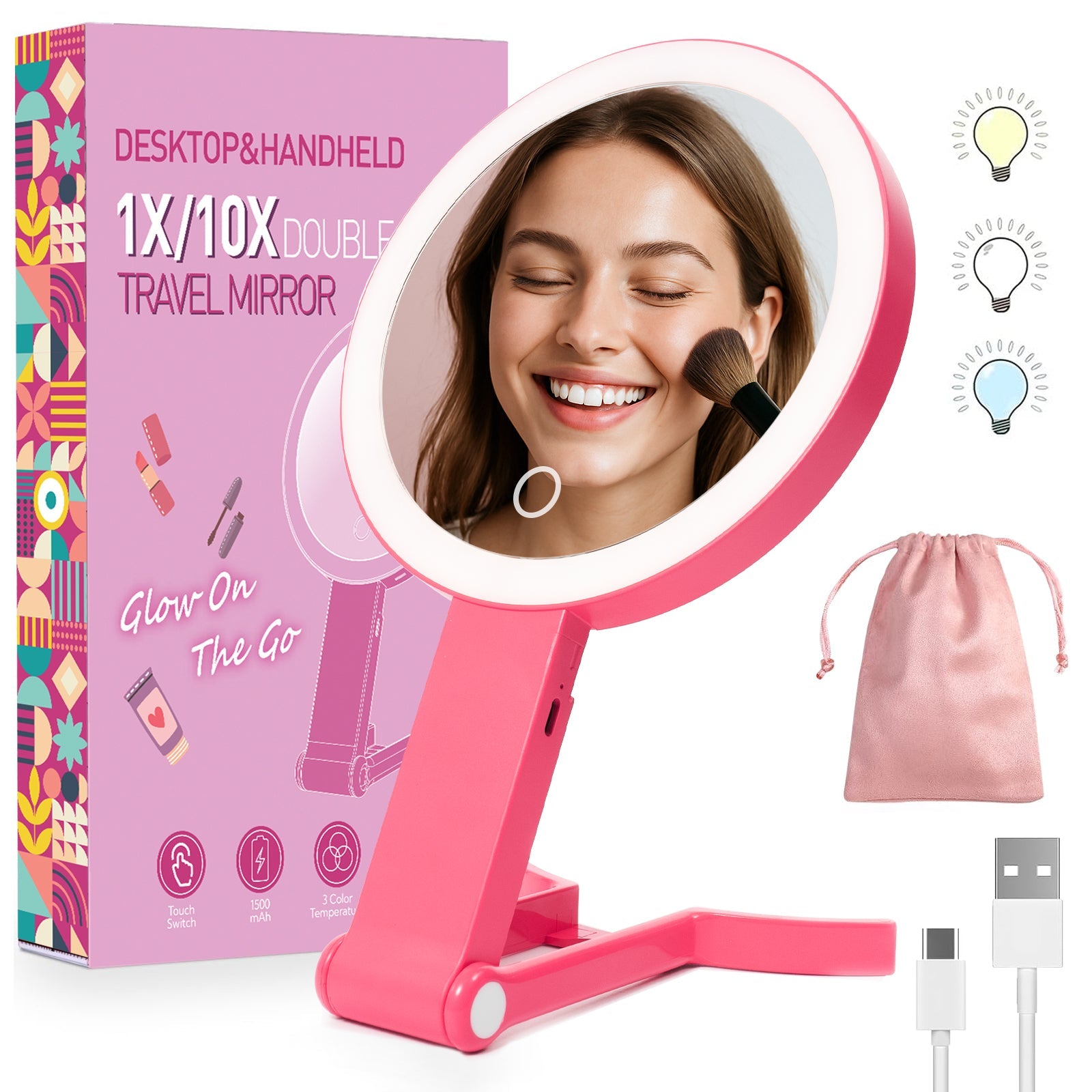 1X/10X Dual Sided LED Makeup Mirror 360° Rotation - Portable for Travel.