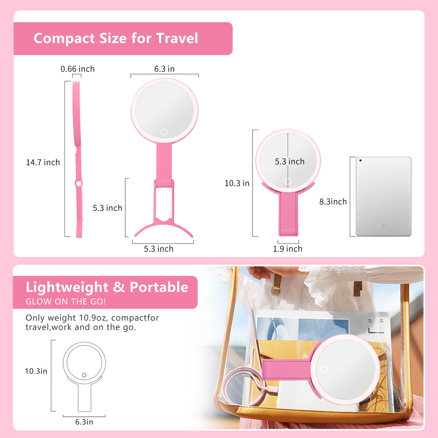 1X/10X Dual Sided LED Makeup Mirror 360° Rotation - Portable for Travel